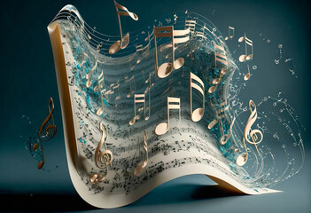 Wall Mural - Three dimensional notes are swept with some water off a wavy music sheet. AI generated illustration.
