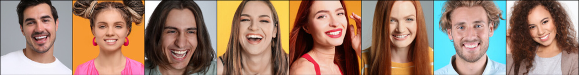 Sticker - Collage with portraits of happy people on different color backgrounds