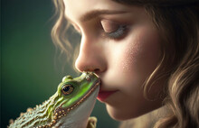 Princess Kissing Enchanted Frog, Fairy Tale, Frog Becomes Prince, Girl With Magic Frog, Generative Ai, 