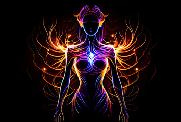 Wall Mural - Neon illustration of a female body with a glowing circulatory system.