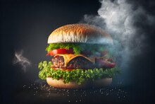 Veg Cheese Burger Sizzling Hot With Lettuce, Potato Patty, Tomato Multigrain Bread Kept On A Table, Closeup Shot