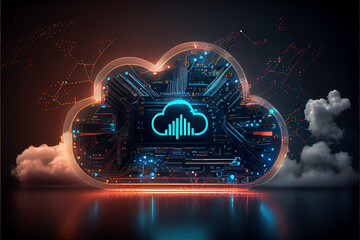 Wall Mural - Server Farm Cloud big data computer technology concept. Data Center of cloud computing hub with artificial intelligence. Ai generated illustration