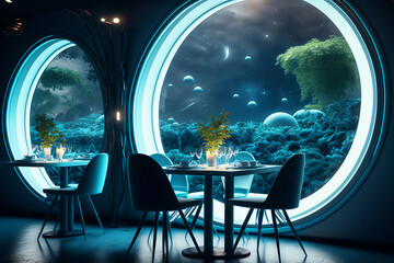 futuristic cafe design with rounded lines in space