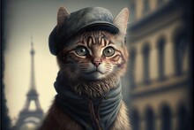 French Cat In Paris Illustration Generative Ai