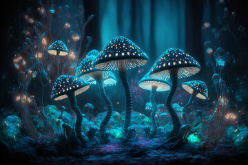 Wall Mural - luminous mushrooms in blue night forest