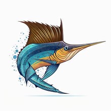  A Blue Marlin Fish With A Yellow Tail And A Brown Tail, Flying Through The Air, With Bubbles Of Water Around It, On A White Background, With A White Background,.  Generative Ai