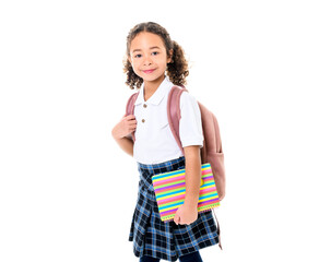 Wall Mural - Education Concept. Portrait of black girl with backpack isolated on white studio background