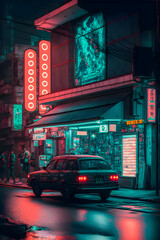 Wall Mural - Streets of Tokyo city night, neon lights, hand drawn illustration Generative AI	