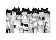 Black Cats And Houses. Doodle Buildings In City. A Cartoon Style Street With Cute Houses. Fantasy Street With  Cats Silhouette Art.