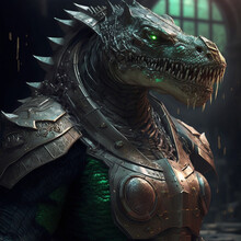 Portrait Of A Futuristic Humanoid Crocodile In Heroic Battle Gear, Generative Ai