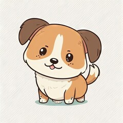  a cartoon dog with a brown and white face and brown ears, standing on a white background with a light blue background and a white stripe around the edge, with a small brown spot.  generative ai