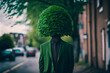 Man in green business jacket green lush bush instead of head is standing in the city street. The concept strangeness pretend disguise, wilds in brain of complex person. Generative AI technology.