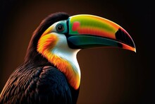 Portrait Of A Colorful Tropical Toucan. Close Up Of Colorful Toucan Bird. Rainbow Colors. Colored Bird With Big Beak. Exotic Bird, Bird Of Paradise. Rainforest Animal. Generative AI.