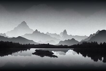 Mountain Lake Silhouette Graphic Art Black White Landscape Illustration Vector. Mountain And Lake Black And White Illustration. Mountain Vector Illustration. Generative AI