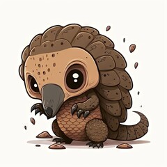  a cartoon bird with a big beak and a big nose, sitting on the ground with its eyes open and a big beak sticking out, with a big, brown, black, round,.  generative ai