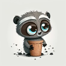  A Raccoon Is Sitting In A Cup With A Hole In It's Side And Eyes Wide Open, With A White Background That Has A Small Black And Gray Speckled Area With A.  Generative Ai