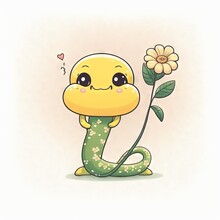  A Cartoon Character Holding A Flower With A Smile On Its Face And A Green Snake On Its Back With A Flower In Its Mouth, With A White Background With A Flower In The Middle.  Generative Ai