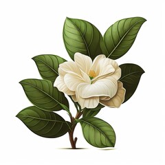  a white flower with green leaves on a white background with a shadow of the flower on the right side of the frame, and a yellow center of the flower on the left side of the.  generative ai