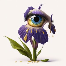  A Purple Flower With A Teary Eye On It's Side And A Green Stem With A Sprout Of Gold On It's End, With A White Background, With A White Background.  Generative Ai