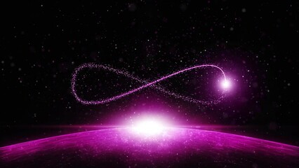 Wall Mural - glowing dotted infinite symbol seamless looping animation on digital metaverse background with spher