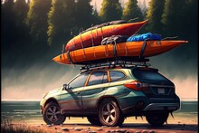  A Car With A Surfboard On Top Of It Parked On A Beach Near The Water With Canoes On Top Of It And A Kayak.  Generative Ai