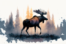 Portrait Of A Moose In Aquarelle Style, Ai Generated
