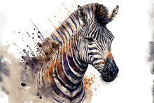 Portrait Of A Zebra In Aquarelle Style, Ai Generated