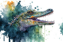 Portrait Of A Crocodile In Aquarelle Style, Ai Generated
