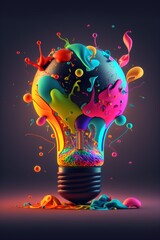 Wall Mural - bright idea and creative thinking, a colorful glowing idea bulb lamp, visualization of brainstorming