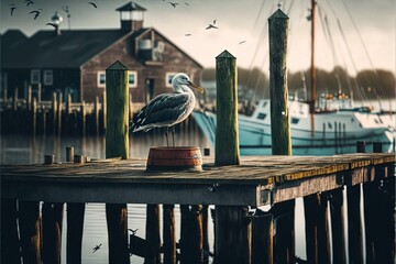 Poster -  a seagull sitting on a wooden dock next to a boat dock and a house with a boat in the background and birds flying overhead.  generative ai