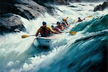  A Painting Of A Group Of People In A Canoe In A Rapid River With Rapids And Rocks In The Background, With A Man In The Front Of The Boat.  Generative Ai
