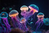 Fototapeta Uliczki -  a group of jellyfish swimming in a tank at night time, with a black background and a blue sky above them, all of which are glowing in different colors.  generative ai