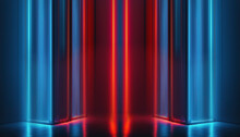 Futuristic Neon Empty Podium Stage, Light Reflection In Water, Blue And Red Neon, Bright Rays And Lines, Abstract Background. 3D Illustration
