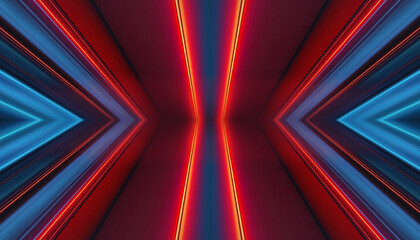 Wall Mural - Futuristic neon empty podium stage, light reflection in water, blue and red neon, bright rays and lines, abstract background. 3D illustration