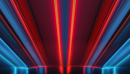 Wall Mural - Futuristic neon empty podium stage, light reflection in water, blue and red neon, bright rays and lines, abstract background. 3D illustration