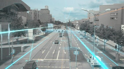 Wall Mural - communication network concept in smart city. artificial intelligence technology, digital city, 5g ne