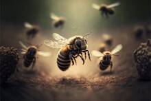  A Group Of Bees Flying Around A Cluster Of Bees On A Dirt Ground With A Light Shining On Them And A Dark Background With A Few Other Bees.  Generative Ai
