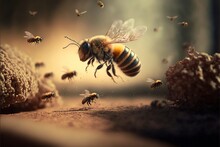  A Group Of Bees Flying Around A Pile Of Dirt And Dirt Rocks With A Light In The Background And A Blurry Image Of A Bee On The Ground.  Generative Ai