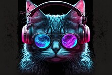 Featuring A Neon Party Cat Decked Out In Headphones And Shades That Is Not Based On Any Particular Scenario. Generative AI