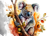 Portrait Of A Koala Bear In Aquarelle Style, Ai Generated