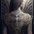 Design a striking and meaningful tattoo featuring an angel with outspread wings and intricate geometric patterns to be placed on the upper back 