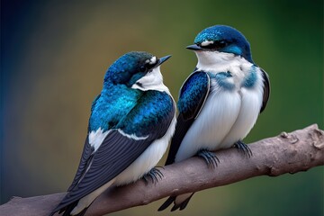  two birds sitting on a branch with a blurry background behind them, one is blue and the other is white and the other is black.  generative ai