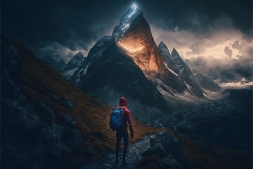 Poster -  a man with a backpack is walking up a mountain trail towards a giant mountain with a glowing light coming from it's top, in the distance, with a dark clouds and a.  generative ai