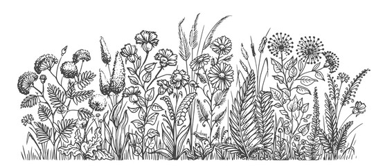 Grass, flowers, field plants and herbs. Hand drawn wildflowers illustration