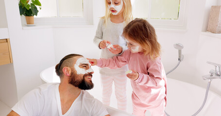 skincare, father and bonding with children or little girls in home bathroom. fun, loving and caring 