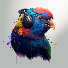 Beautiful, Colorful Bird Listening To Music On Headphones With A Splash Of Color. Created Using Ai Generative. 