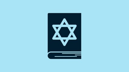 Poster - Blue Jewish torah book icon isolated on blue background. Pentateuch of Moses. On the cover of the Bible is the image of the Star of David. 4K Video motion graphic animation