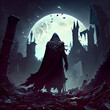 A sinister devastated necromancer in a spiked hood and a torn cloak over hundreds of rising zombie on the battlefield among the ruins of an ancient city in the light of a huge full moon 2d art