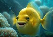 Cute cartoon yellow fish with big eyes on a sea background close-up.Stylized smiling yellow fish.AI generated.