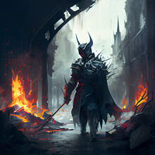 Evil Knight In A Horned Helmet Slowly Walks With A Curved Sword Through A Burning Ruined City With Black Gothic Buildings. Debris Of Ruins With Flying Ashes And Sparks Is Everywhere 2d Oil Art